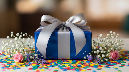 Blue gift box with silver ribbon surrounded by confetti and flowers
