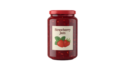 A glass jar of sweet strawberry jam with a red lid stands filled with fruit preserves.