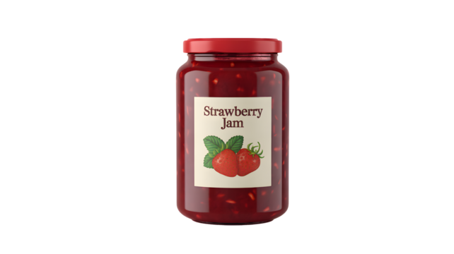 A glass jar of sweet strawberry jam with a red lid stands filled with fruit preserves.