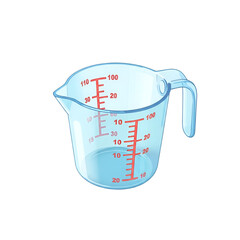 Empty transparent blue plastic measuring cup with red scale, isolated on transparent background
