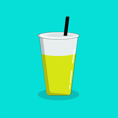 Cup of milk tea lemon with a straw, with green background