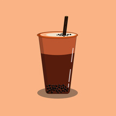 Cup of milk cocolate and buble with a straw, with brown background