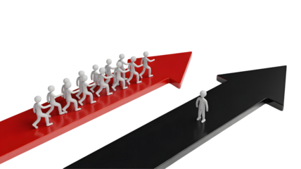 A group of figures runs forward on a red arrow, while one figure stands alone on a black arrow.