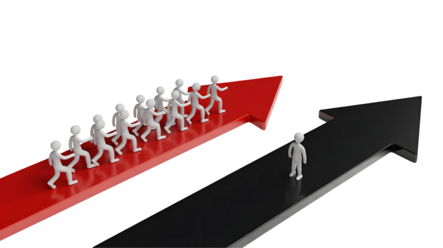 A group of figures runs forward on a red arrow, while one figure stands alone on a black arrow.