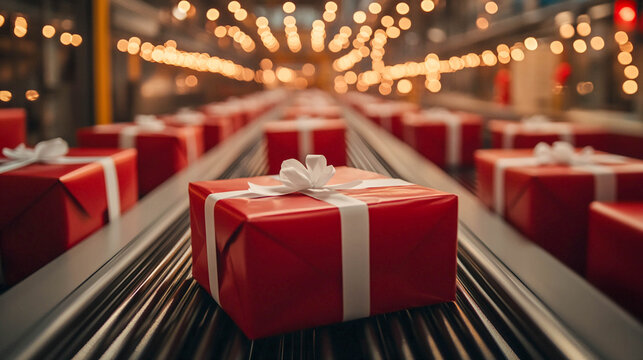 Red gift boxes with white ribbons, moving along a conveyor belt in a modern warehouse or factory, symbolizing the mass preparation of New Year's and Christmas gifts and the delivery of orders