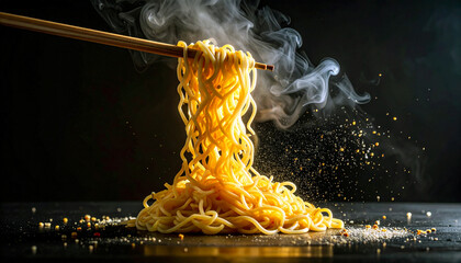 Delicious steamy noodles held by chopsticks, a culinary masterpiece for Asian cuisine lovers and food enthusiasts worldwide, showcasing a tempting dish