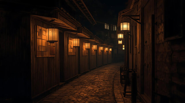 Narrow alleyway in a quiet night market with wooden stalls and soft lantern lighting - Powered by Adobe