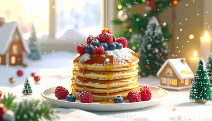 Delicious pancakes dripping with syrup and berries, perfect for a festive Christmas breakfast or cozy winter brunch, creating a warm holiday mood