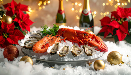 Festive seafood platter featuring lobster, shrimp and oysters with champagne, perfect for elegant holiday celebrations and fine dining experiences