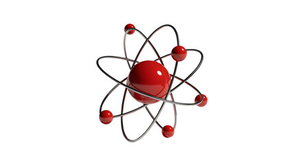 A red atom model with silver orbits spins on a black background.