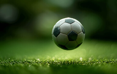 Fototapeta premium Close-up of a soccer ball floating above green grass.