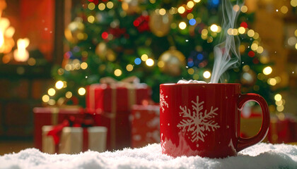 Enjoy hot cocoa by the fire this Christmas season, a cozy and warm feeling for the holidays with gifts and a Christmas tree in the background