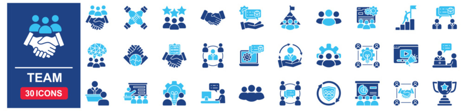 Team Web Icon Set in Blue style Flat. vector illustration concept relate to team, business, people, work, teamwork, person, hr, line, vector, group, set, support, outline