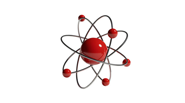 A red atom model with silver orbits spins on a black background.