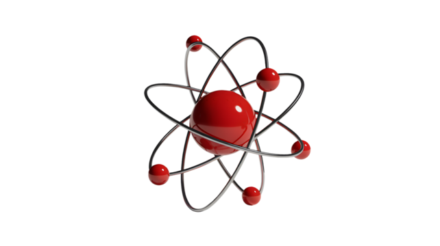 A red atom model with silver orbits spins on a black background.