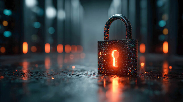 A padlock with a textured surface covered in dots resembling sparks. Inside the padlock, there is a keyhole that emits a bright orange light. Cyberpunk, security, digital technology.