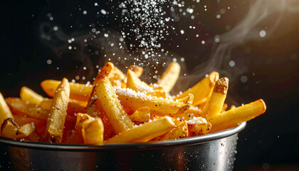 Golden French fries sprinkled with salt, a delicious comfort food indulgence, perfect for restaurant menus and food blogs that crave a tasty appetite appeal
