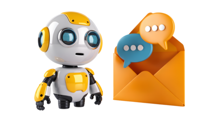 A cute robot stands near an open envelope with speech bubbles showing messages.