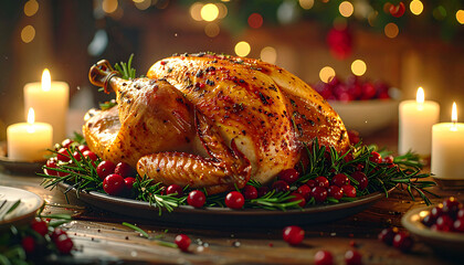 Celebrate Thanksgiving with a delicious roast turkey centerpiece surrounded by festive cranberries and rosemary, bathed in warm candlelight glow