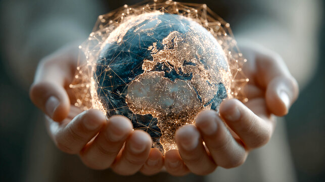The hands hold a globe shrouded in a network of glowing dots and lines, symbolizing connectivity. Globalization, communication, technology, the future, and environmental awareness.
