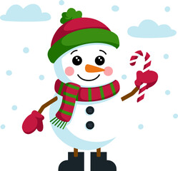 Festive snowman holding a candy cane brings joy to the winter holidays season art