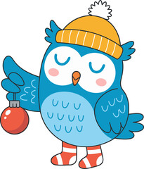 Charming cartoon owl wishing merry Christmas with ornament, perfect for holiday cheer
