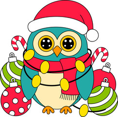 Festive winter owl celebrates Christmas with ornaments and candy canes for holiday cheer