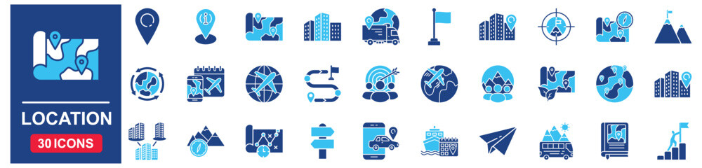 Location Web Icon Set in Blue style Flat. vector illustration concept relate to location, map, pin, place, pointer, navigation, vector, point, symbol, travel