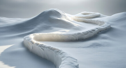 A winding path through a snowy landscape with a hill in the background under a bright sky light