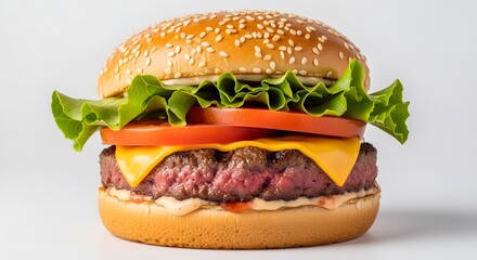 Delicious and juicy hamburger with fresh ingredients on a white background