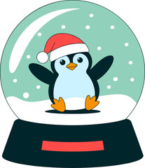 Cheerful cartoon penguin wearing Santa hat in snow globe creating winter wonderland