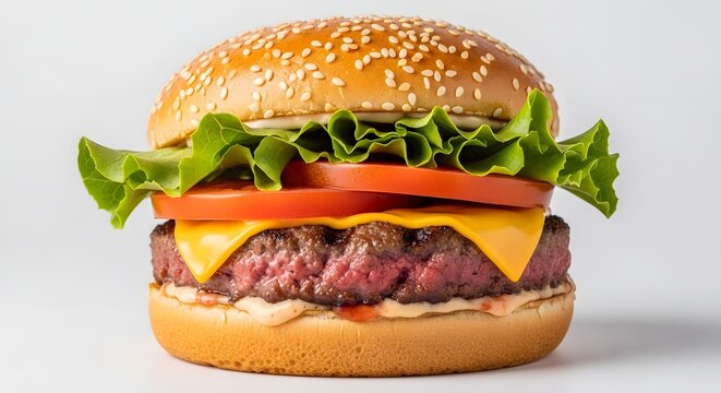 Delicious and juicy hamburger with fresh ingredients on a white background