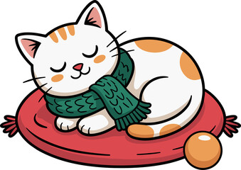 Adorable kitty napping soundly on a comfy red pillow wearing a stylish green scarf