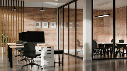3D rendered modern office with rows of workstations, chairs, and glass partition meeting rooms