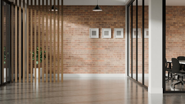 3D industrial office hallway with brick walls and glass meeting room creating a clean contemporary workspace