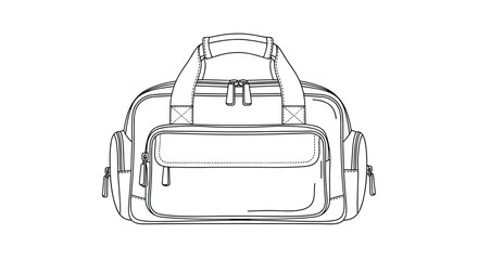 Obraz premium A technical drawing of a modern duffel bag, featuring multiple zippered pockets and sturdy top handles, presented in a clean line art style.
