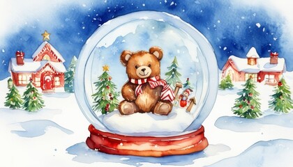 Watercolor illustration Plush bear inside snow globe, surrounded by miniature Christmas village