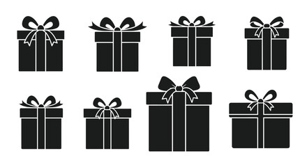 A collection of various black silhouette gift boxes with different ribbon and bow designs, ideal for celebration, holiday, and shopping themes.