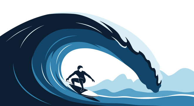 A stylized illustration of a surfer expertly riding a massive, curling blue ocean wave, capturing the thrill and dynamics of surfing.