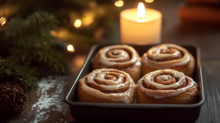 Cinnamon rolls on a baking tray, festive christmas bokeh background, atmospheric winter holiday coziness.