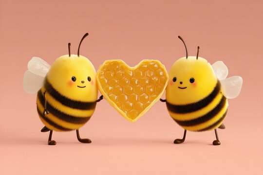 Two cartoon bees holding a heart-shaped honeycomb