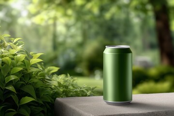 Matte beverage can mockup standing on a stone textured surface surrounded by lush greenery, showcasing a refreshing drink in a natural outdoor setting with copy space