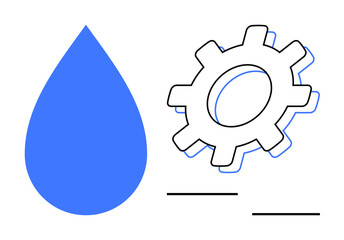 Blue water droplet next to an outlined gear cog, symbolizing synergy of nature and technology. Ideal for innovation, sustainability, engineering, water management, industrial processes, eco-concepts