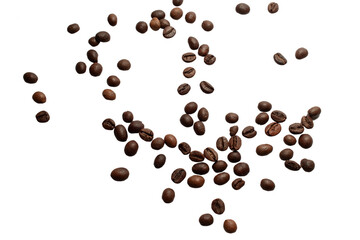 Falling coffee beans isolated on white background with clipping path