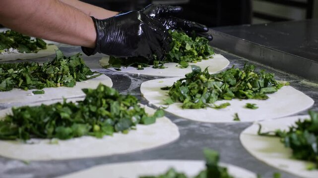 Close-up of a chef wearing gloves preparing tortillas with parsley, coriander, dill and spinach in the restaurant kitchen. Traditional flatbreads with herbs, kutabs, gozleme.