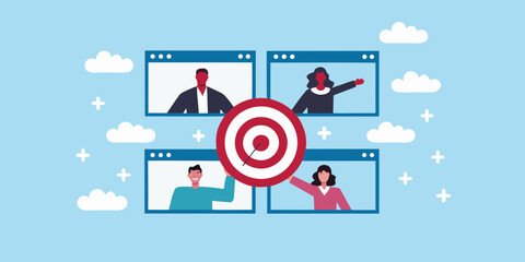 Diverse team collaborating on a shared goal with a target in the center