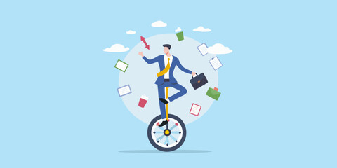 Businessman skillfully balancing work tasks on a unicycle