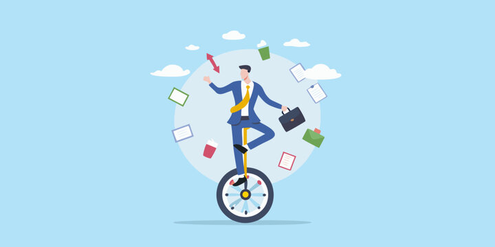 Businessman skillfully balancing work tasks on a unicycle