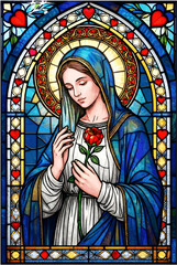 Virgin Mary Stained Glass – Sacred Blue Mantle with Rose and Heart Motifs