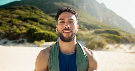 Portrait, smile and man at beach for vacation, summer holiday and relax on tropical island. Travel,...